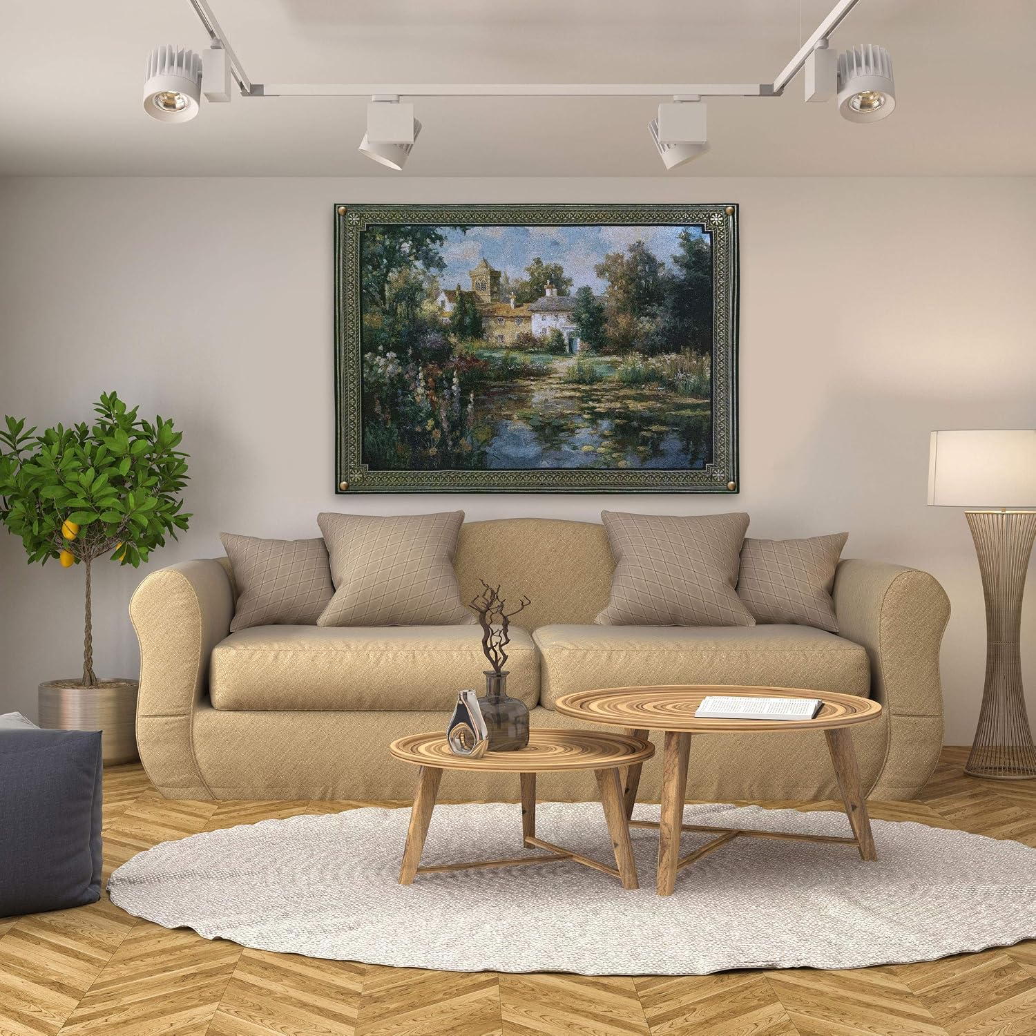 Summer Escape by Vail Oxley | Woven Tapestry Wall Art Hanging | Peaceful Floral Pond Befor Stately English Manor | 100% Cotton USA Size 53x37
