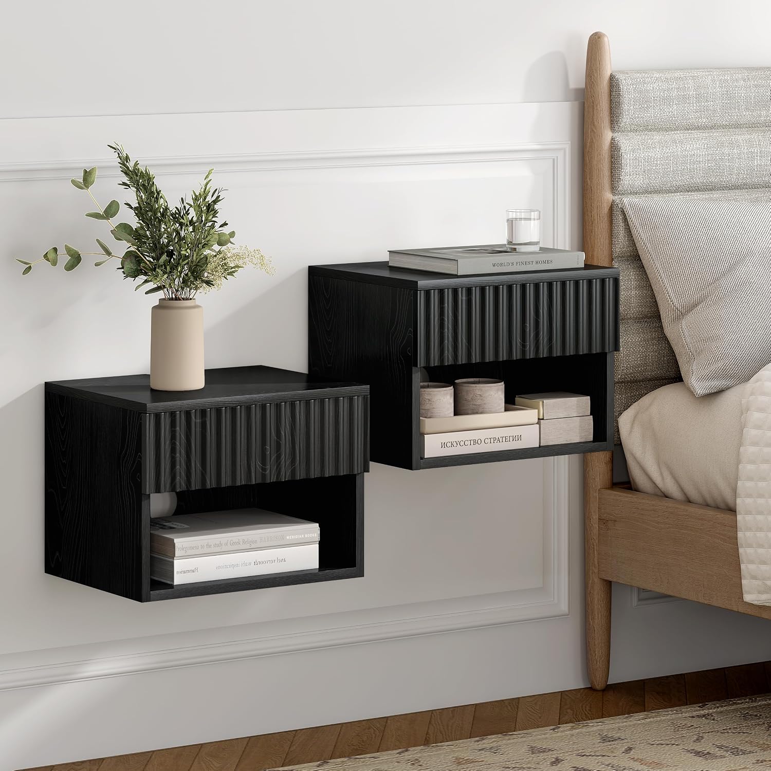 EYYTHUNG Fluted Floating Nightstand Set of 2 with Drawer, Modern Night Stand with Fluted Door and Open Storage Shelf Wall Mounted Bedside Table for Bedroom, Entryway Black
