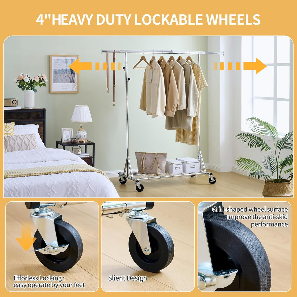 Clothes Rack Heavy Duty Clothing Rack 600LBS Rolling Clothes Racks for Hanging Clothes, Commercial Garment Rack Heavy Duty Clothes Rack Collapsible ＆ Portable Clothing Rack with Wheels