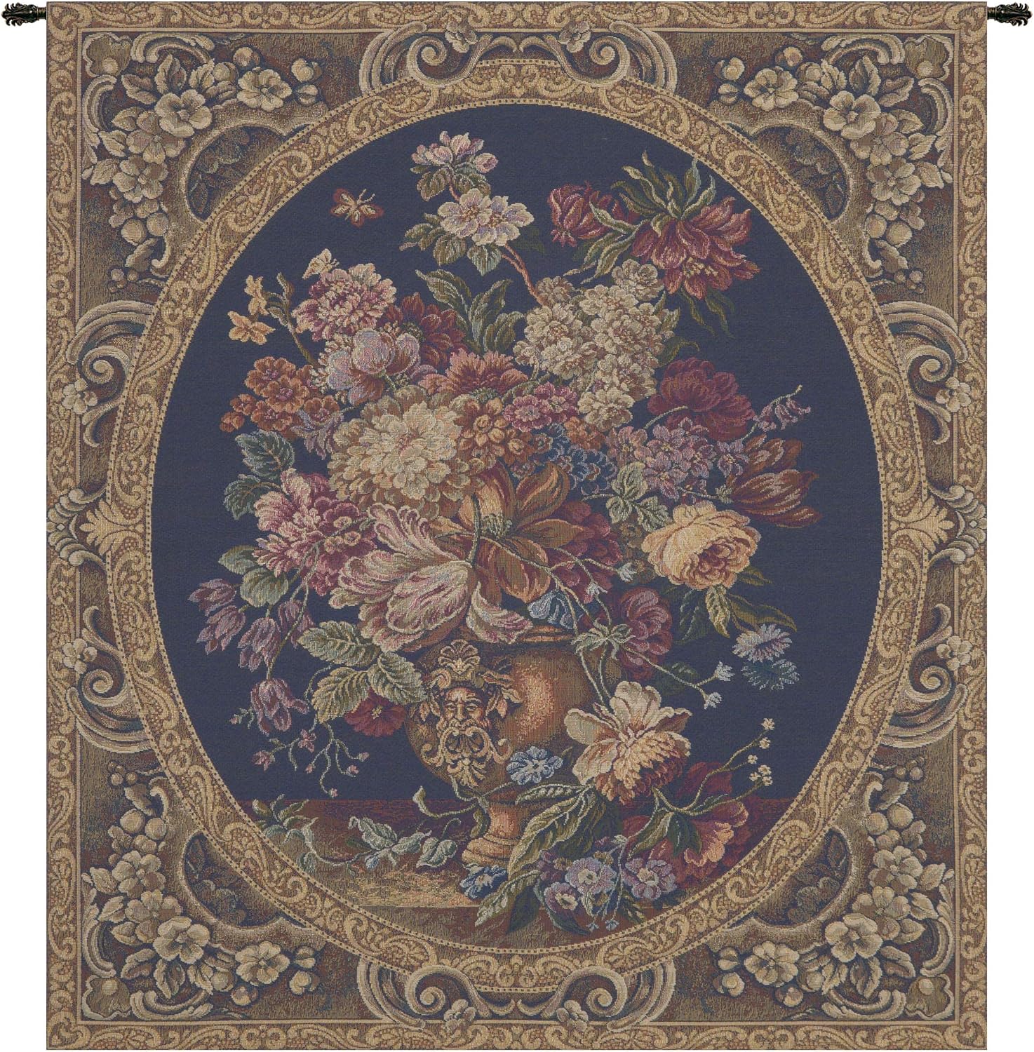 Charlotte Home Furnishings Italian Tapestry Wall Hanging 30x 25 in Floral Vase Blue Wall Art Floral Tapestry for Bedroom Aesthetic Living Room and Home Decor European Soft Cotton Jacquard Woven