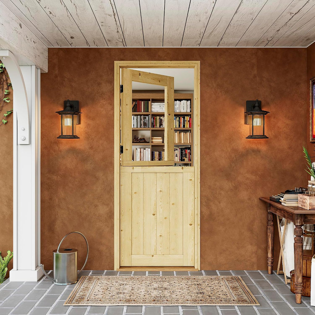 Interior & Exterior Dutch Door Slab, 30' x 80', Universal Tempered Clear Glass Split Single Doors, Solid Core Home Door, Natural Pine Wood - with 4 Black Hinges & 1 Latch, Without Jamb