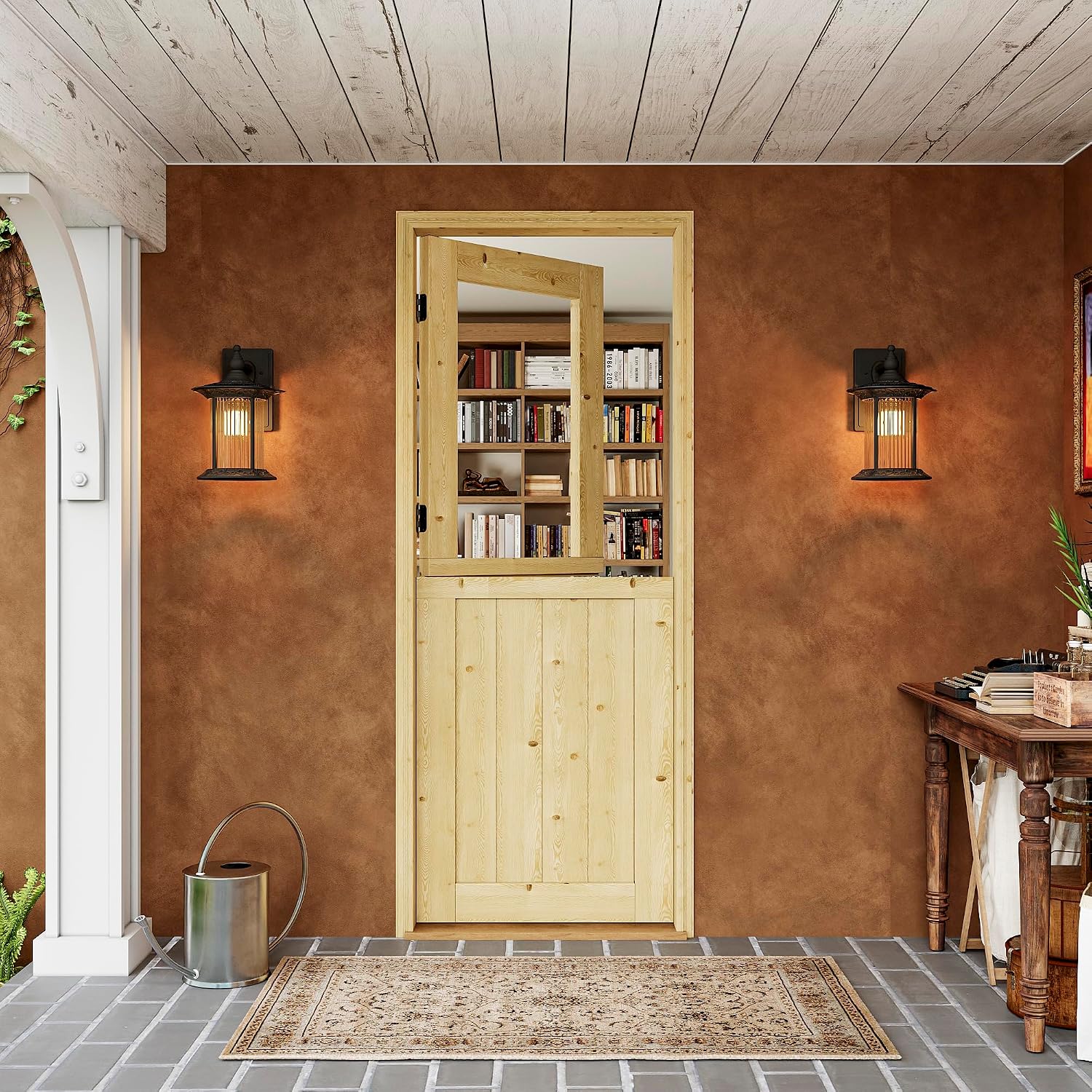 Interior & Exterior Dutch Door Slab, 30' x 80', Universal Tempered Clear Glass Split Single Doors, Solid Core Home Door, Natural Pine Wood - with 4 Black Hinges & 1 Latch, Without Jamb