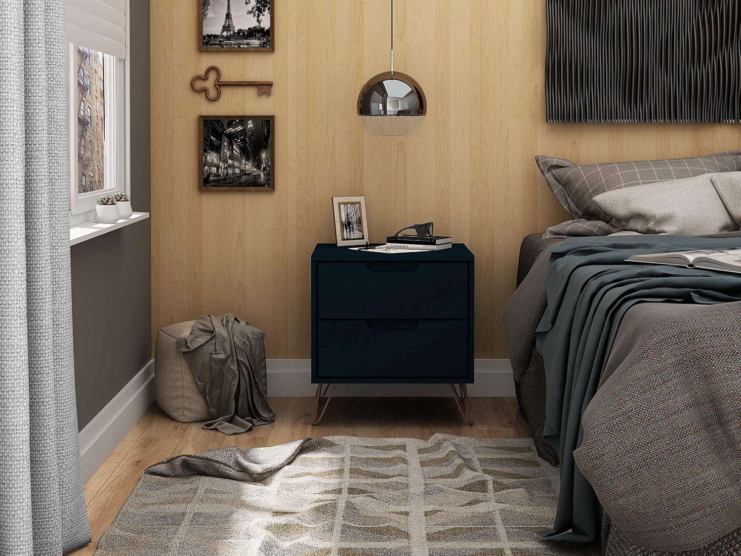 Manhattan Comfort Rockefeller Nightstands Set of 2, Mid Century Modern Bedside Table with Drawers, Minimalist Display and Storage Organizer, Ideal for Bedroom and Living Room, Blue