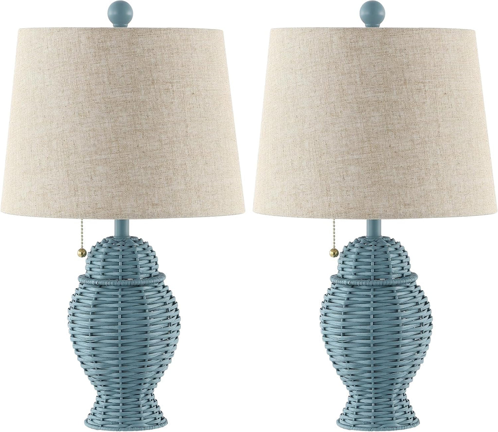 JONATHAN Y 20.5' Blue Wicker Table Lamp Set of 2, Bohemian Rustic Farmhouse Bedside Lamps for Living Room, Nightstand Desk Lamps with Beige Linen Shade, LED Bulbs Included (JYL4041B-SET2)