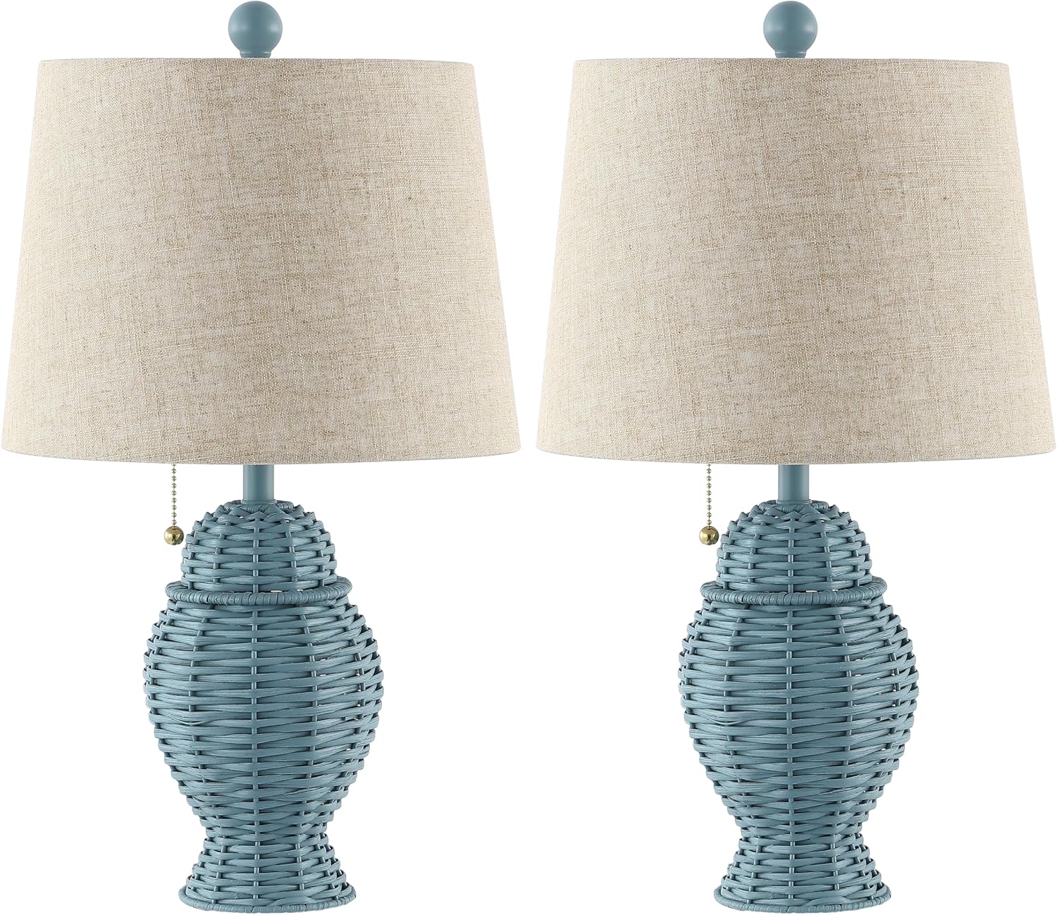 JONATHAN Y 20.5' Blue Wicker Table Lamp Set of 2, Bohemian Rustic Farmhouse Bedside Lamps for Living Room, Nightstand Desk Lamps with Beige Linen Shade, LED Bulbs Included (JYL4041B-SET2)