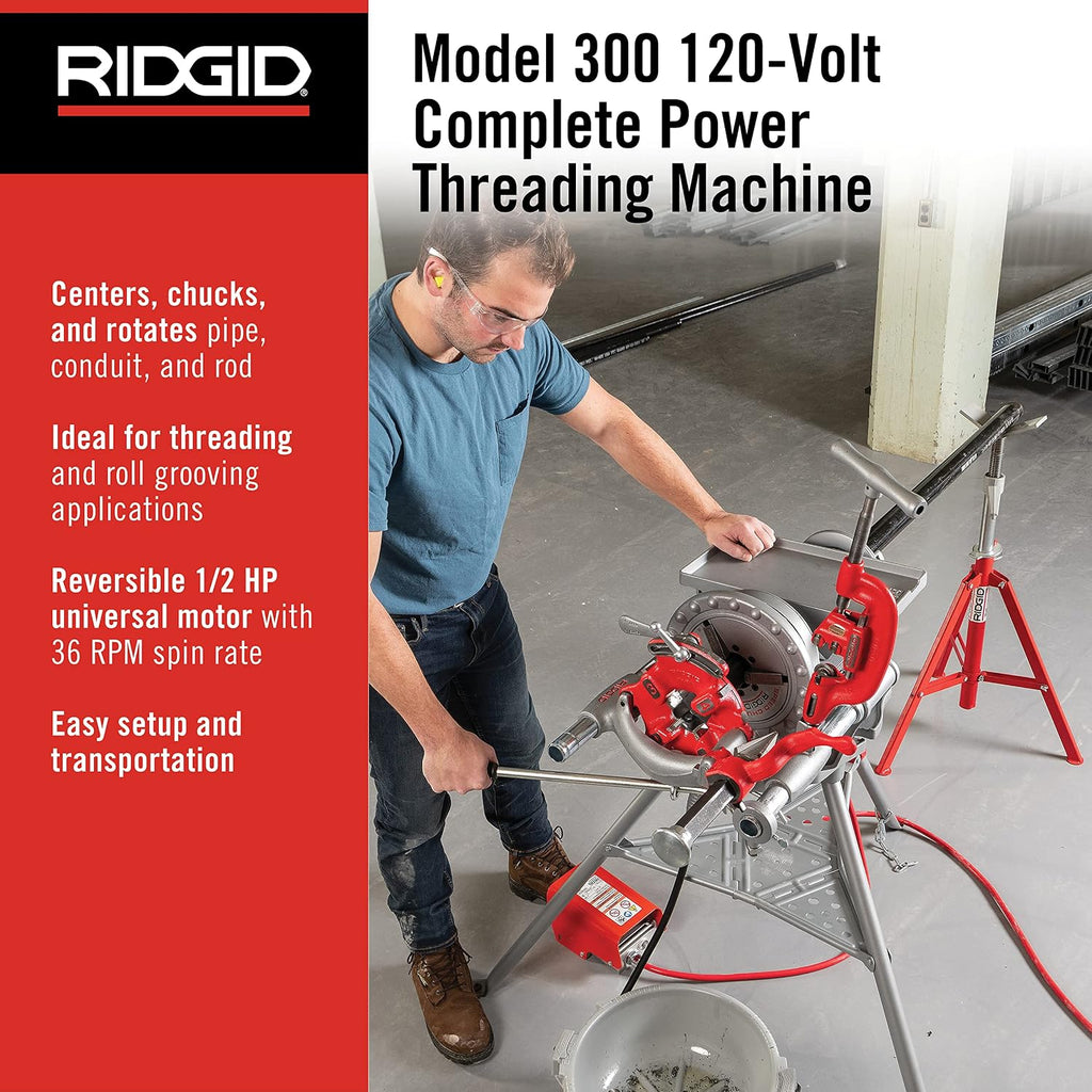 RIDGID 15682 Model 300 Power Drive Complete, 38 RPM Pipe Threading Machine with 1/2-Inch to 3/4-Inch, 1-Inch to 2-Inch Universal Alloy Threading Die Heads, Oiler