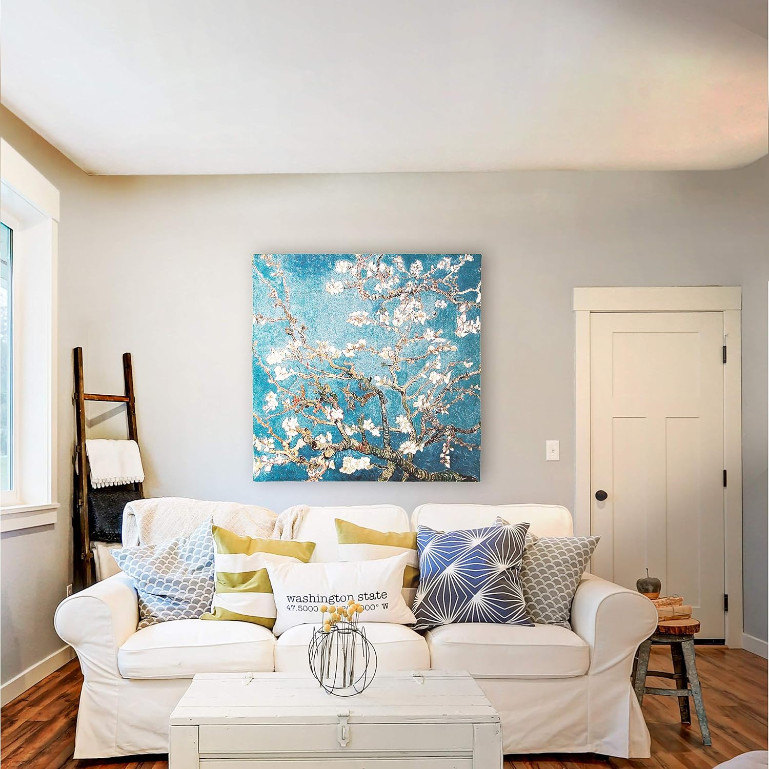 Blossoming Almond Tree by Vincent van Gogh | Woven Tapestry Wall Art Hanging | Contrasting Scenery with White Flowers | 100% Cotton USA Size 51x51