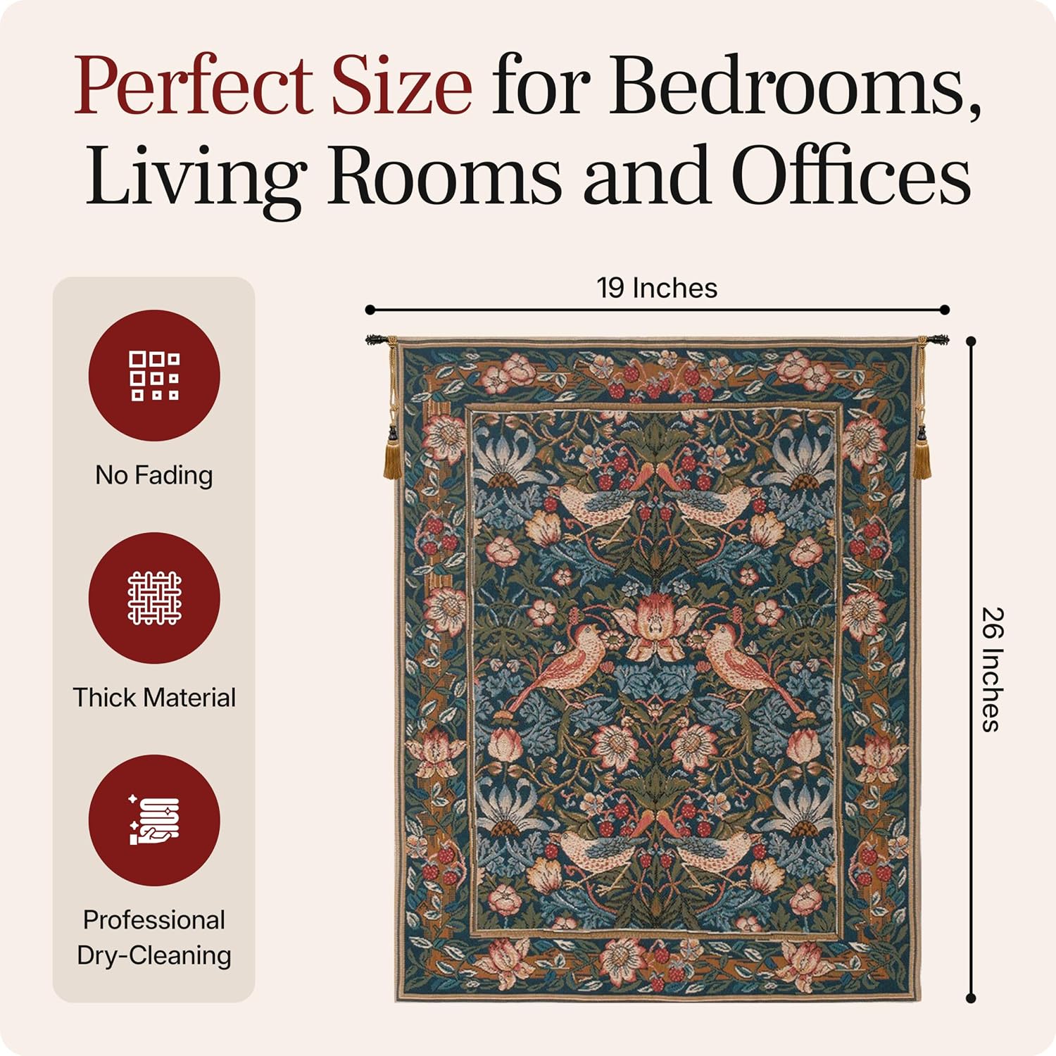 Charlotte Home Furnishings Inc French Boho Tapestry Wall Hanging 26 x 19 in, Birds Face to Face Wall Tapestry decor for Living Room Home Decor, European Cotton Jacquard Woven