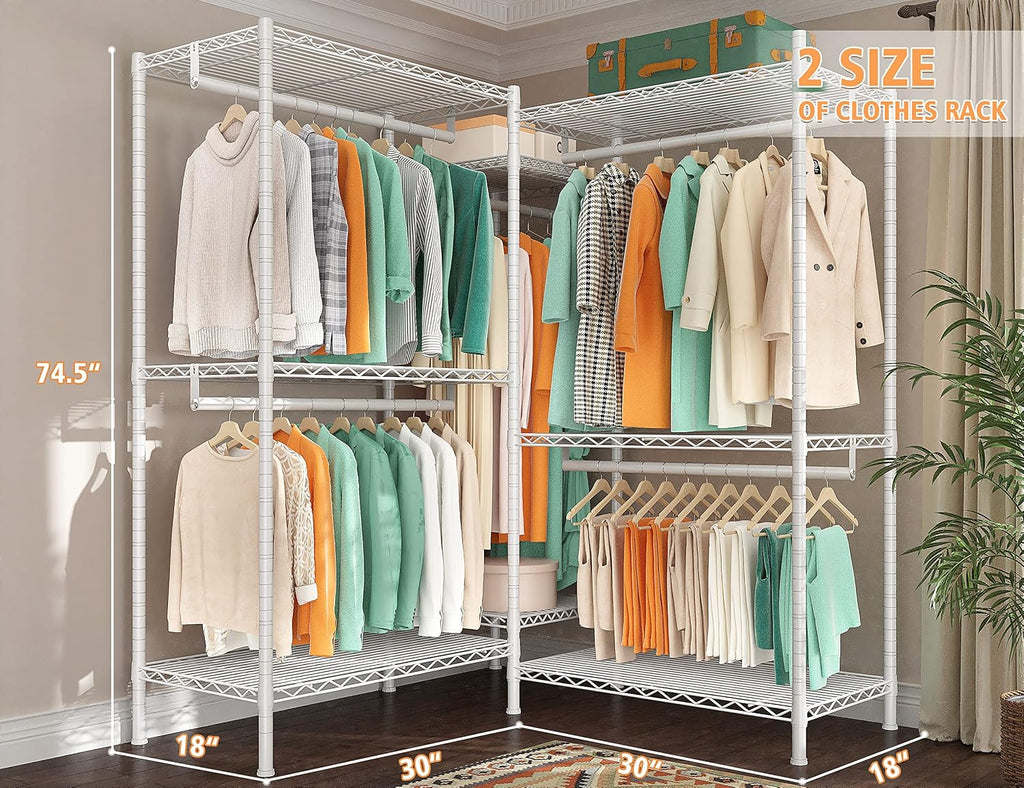 Raybee Clothes Rack, Clothing Racks for Hanging Clothes, L Shaped Clothing Rack for Corner 900LBS Heavy Duty Clothes Rack Garment Rack 74.5' W X 18' D X 77' H, White