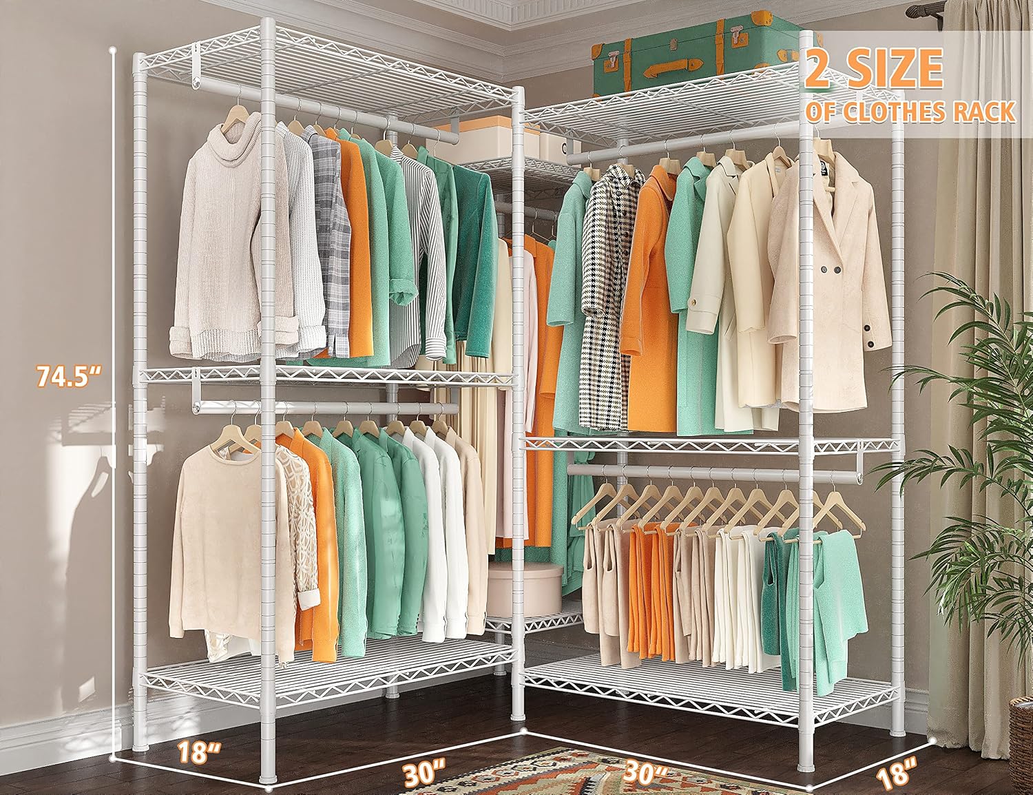 Raybee Clothes Rack, Clothing Racks for Hanging Clothes, L Shaped Clothing Rack for Corner 900LBS Heavy Duty Clothes Rack Garment Rack 74.5' W X 18' D X 77' H, White