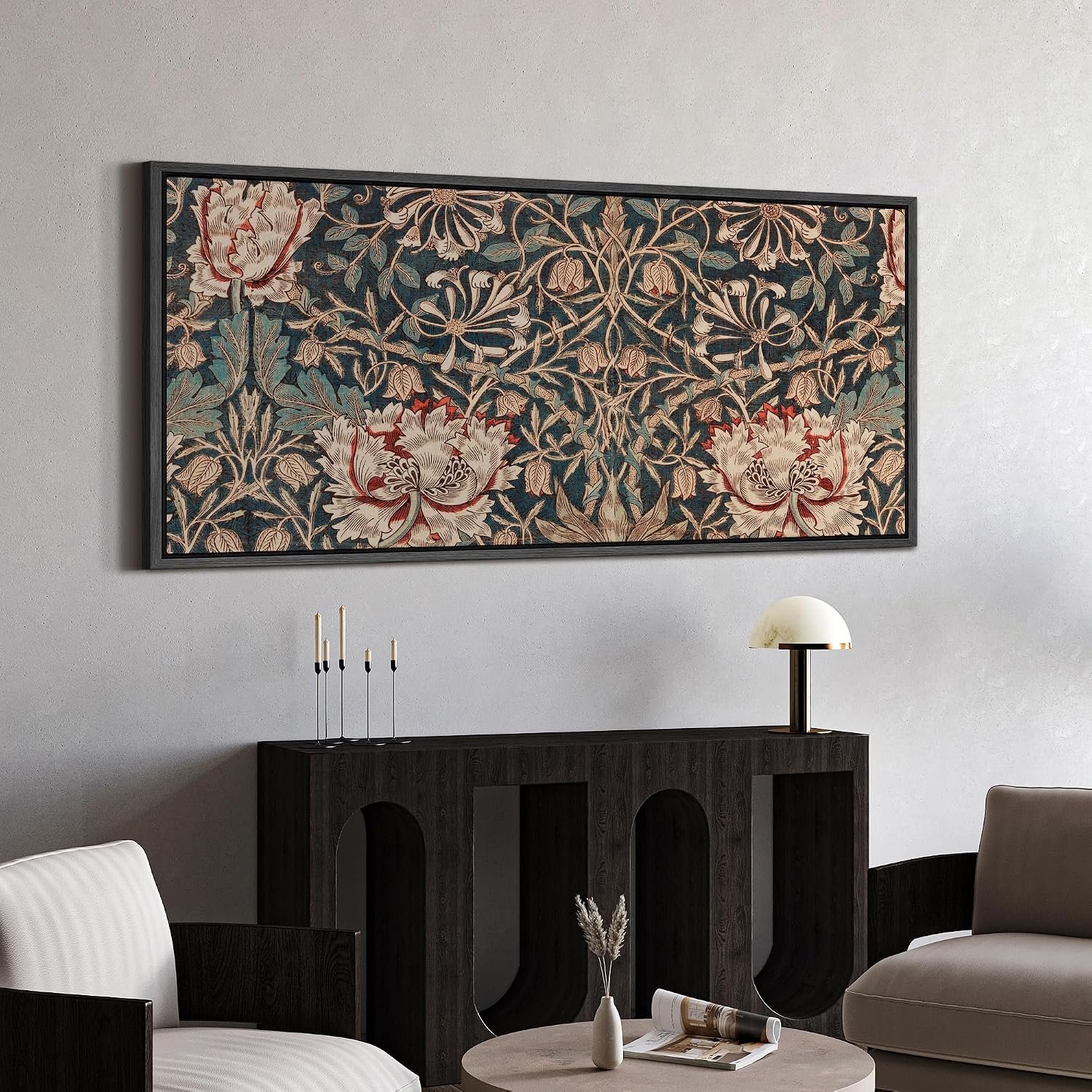 MUDECOR Extra Large Framed Canvas Print Wall Art William Morris Style Floral Tapestry Vintage Botanical Pattern Antique Retro Ready to Hang Painting for Living Room Bedroom Multi-Sizes - 60'x30'