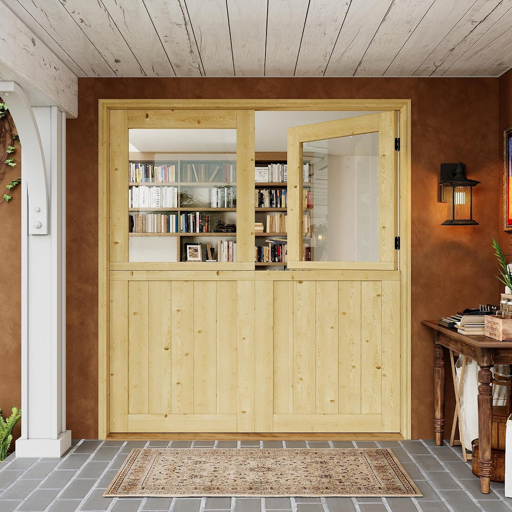 60x80(Double 30') Dutch Door Slab - 1.75' Thick Solid Pine Wood, 1-Lite Tempered Clear Glass Split Door for Interior Exterior Porch Backyard Entrance(8 Hinged + 2 Latch + 2 Slab)