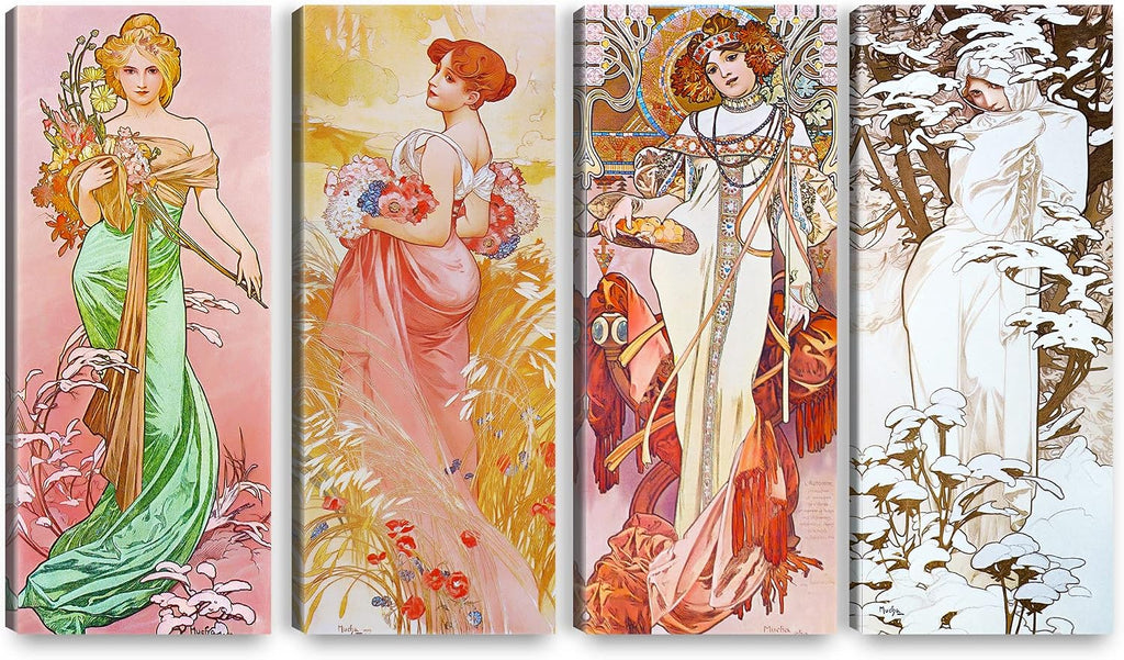 A&T ARTWORK The Seasons 1900 Spring Summer Autumn Winter by Alphonse Mucha 4 Panel wall art for Home Office Decorations Giclee Print On Canvas 30x12inch x4pcs (30x48inch)