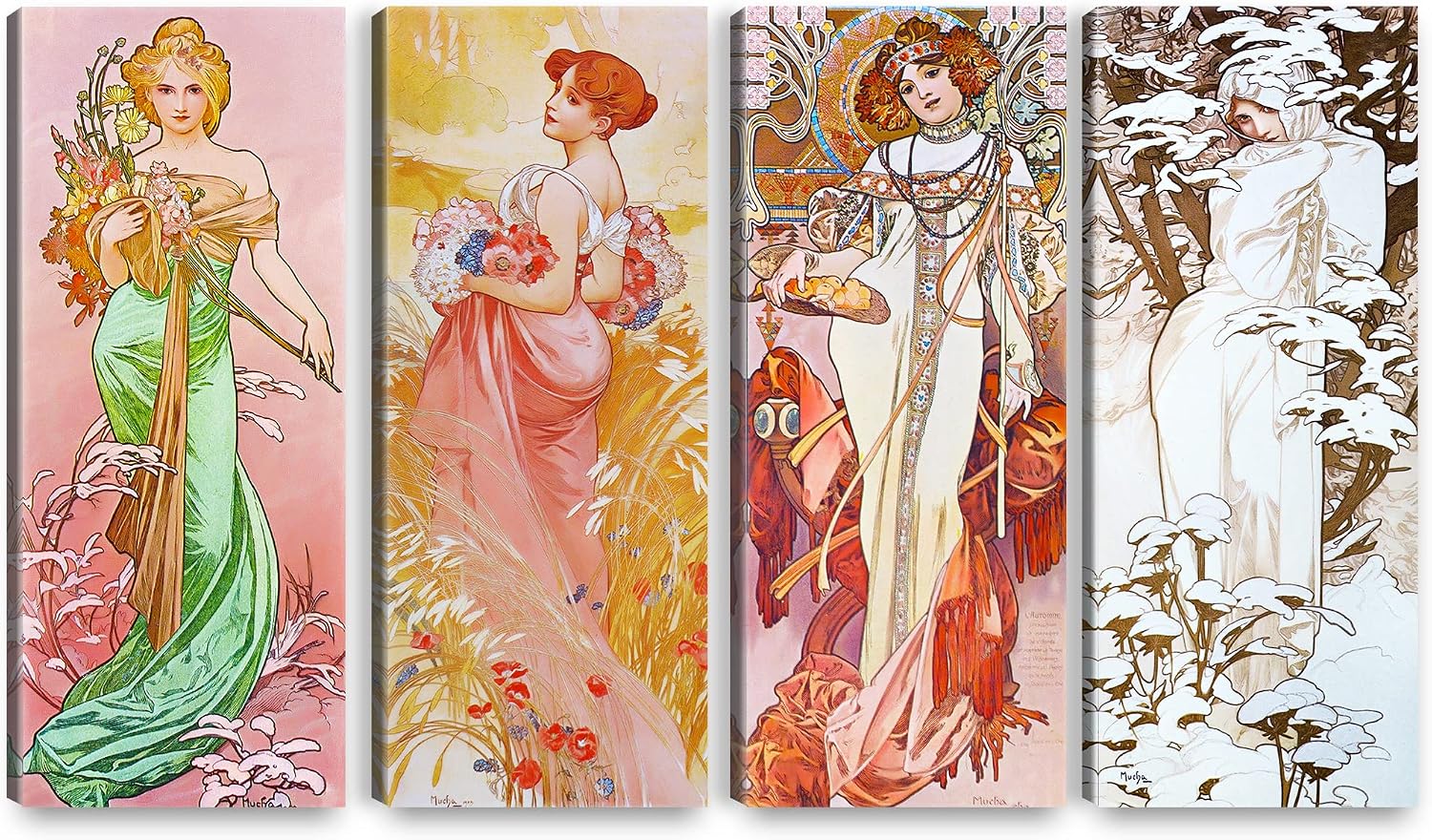 A&T ARTWORK The Seasons 1900 Spring Summer Autumn Winter by Alphonse Mucha 4 Panel wall art for Home Office Decorations Giclee Print On Canvas 30x12inch x4pcs (30x48inch)