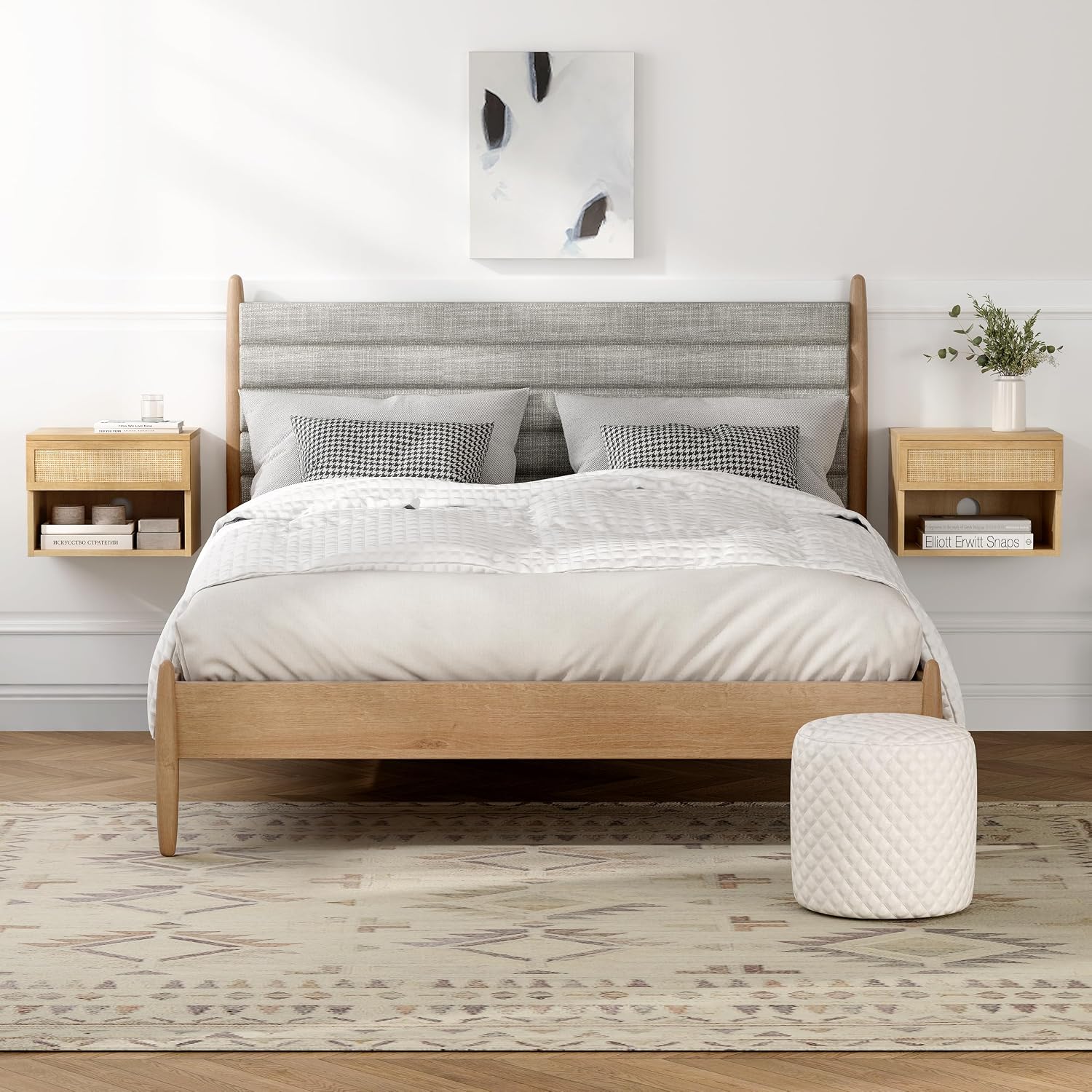 EYYTHUNG Rattan Floating Nightstands with Drawer Set of 2, Small Wall Mounted Night Stand with Open Compartment Modern Wooden Bedside Table Storage Cabinet for Bedroom, Entryway Natural Oak