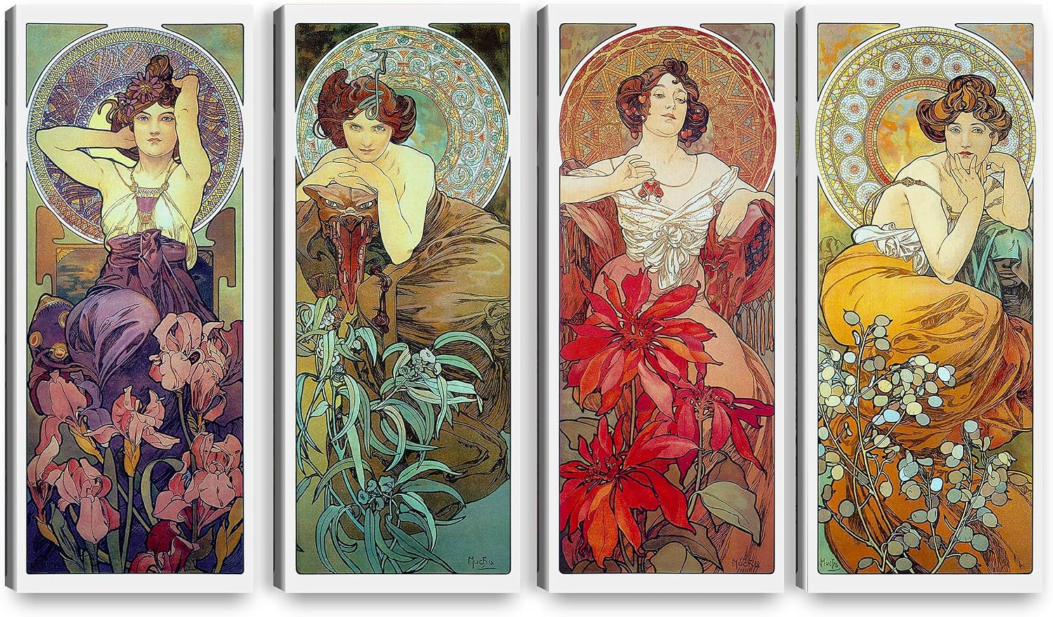A&T ARTWORK The Precious Stones by Alphonse Mucha wall art for Home Office Decorations Giclee Print On Canvas 30x12inch x4pcs (30x48inch)