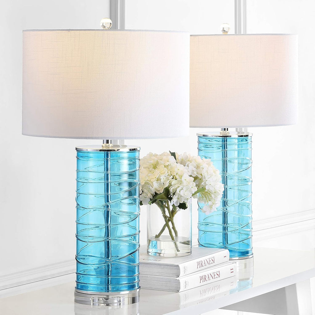 Eyely EYL4016A-SET2 Aria 27.5' Modern Fused Glass Cylinder LED Table Lamp for Reading Room, Living Room, Office, Bedroom, Transitional, Coastal, Glam, Turquoise (Set of 2)