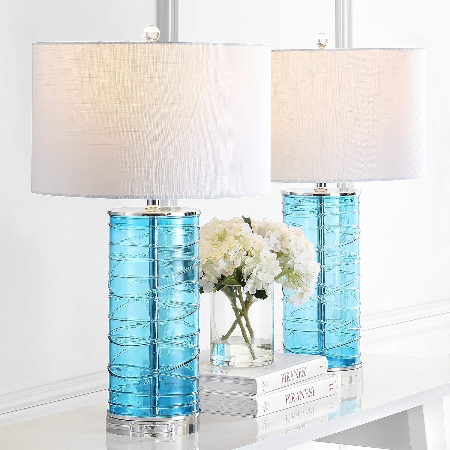Eyely EYL4016A-SET2 Aria 27.5' Modern Fused Glass Cylinder LED Table Lamp for Reading Room, Living Room, Office, Bedroom, Transitional, Coastal, Glam, Turquoise (Set of 2)