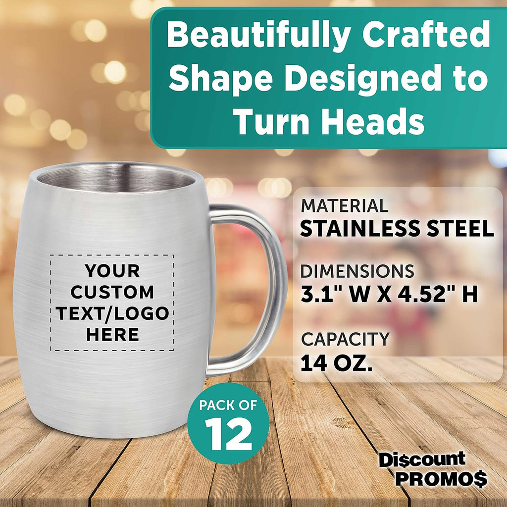 DISCOUNT PROMOS Custom Agnes Stainless Steel Mugs with Handle 14 oz. Set of 12, Personalized Bulk Pack - Double Wall, Perfect for Coffee, Beer, Other Hot & Cold Beverages - Silver