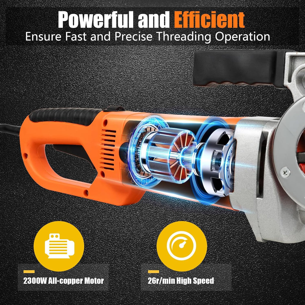 Electric Pipe Threader, 2300W Pipe Threading Machine Heavy-Duty Hand-Held Power Drive Kit Portable With 6 Dies 1/2-Inch to 2-Inch Pipe Threading Die Heads, Ratchet Pipe Threader Kit