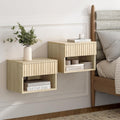 EYYTHUNG Floating Nightstand Set of 2 with Drawer, Fluted Modern Night Stand with Fluted Door and Open Storage Shelf Wall Mounted Bedside Table for Bedroom, Entryway Light Oak