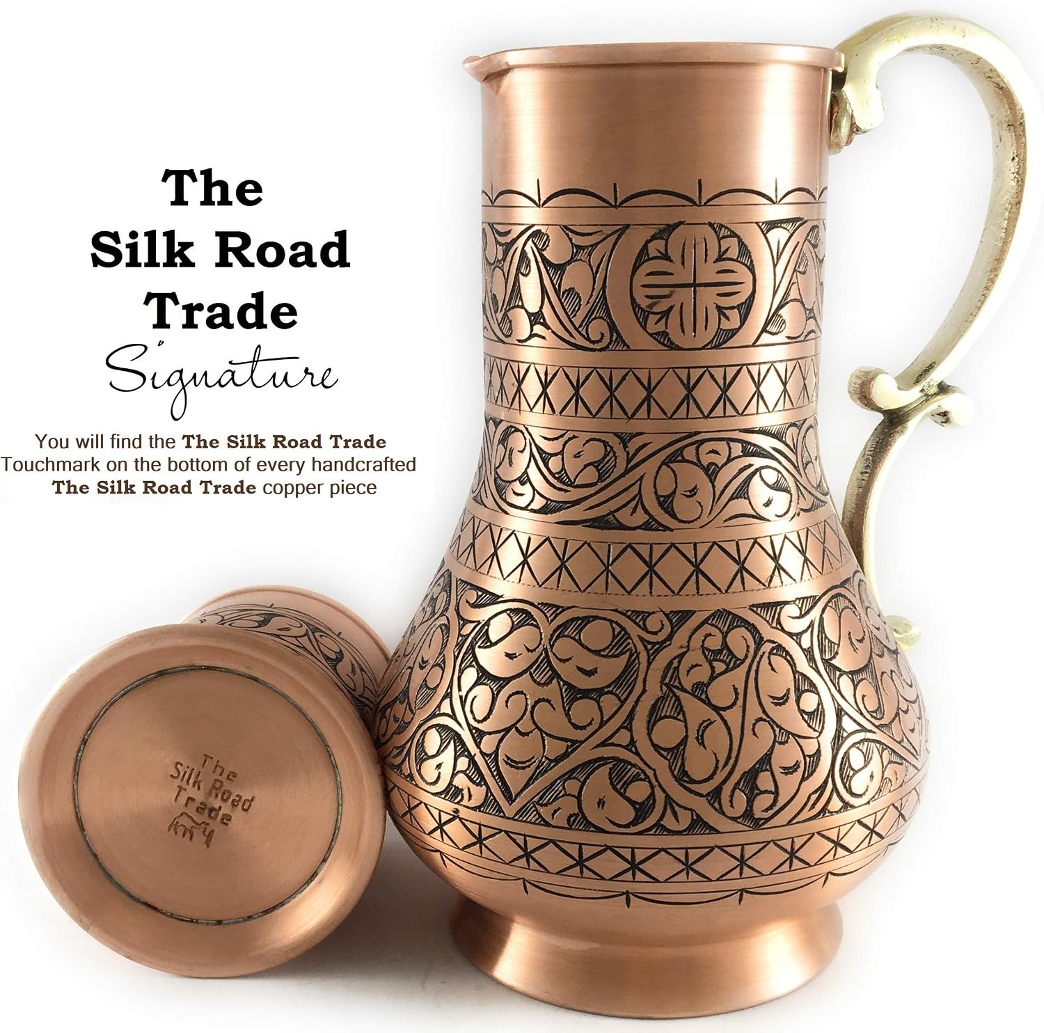 KS Series - Copper Pitcher (45 oz) and Cup (7.7 oz) Set, Moscow Mule Water Jug, Ice Tea and Juice Beverage, Desktop/Bedside Night Water Carafe, Ayurvedic Decanter (Engraved-Matte)