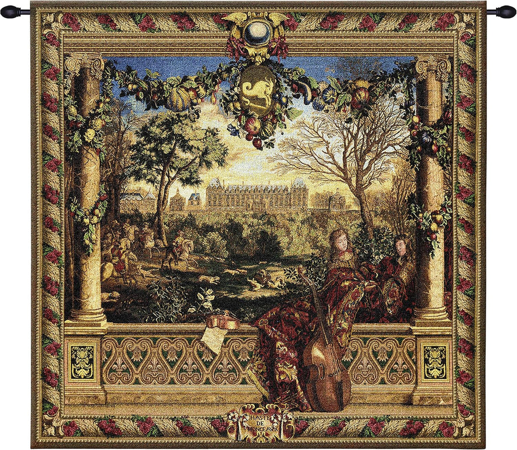 Le Chateau de Monceau by Louis Carrogis | Woven Tapestry Wall Art Hanging | Louis XIV Palace Garden with String Musicians | 100% Cotton USA Size 53x53