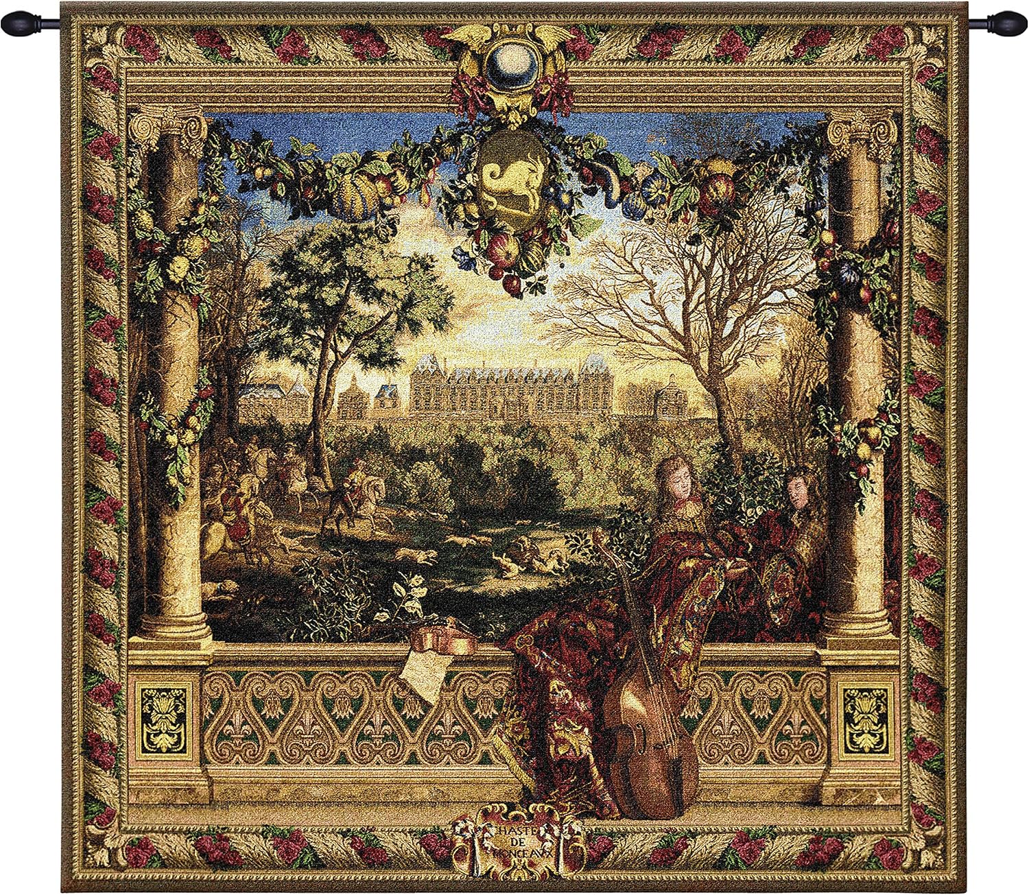 Le Chateau de Monceau by Louis Carrogis | Woven Tapestry Wall Art Hanging | Louis XIV Palace Garden with String Musicians | 100% Cotton USA Size 53x53