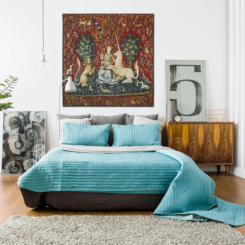The Lady and The Unicorn - Sight | Woven Tapestry Wall Art Hanging | Historic Middle Ages Tapestry Reproduction | 100% Cotton USA Size 53x48