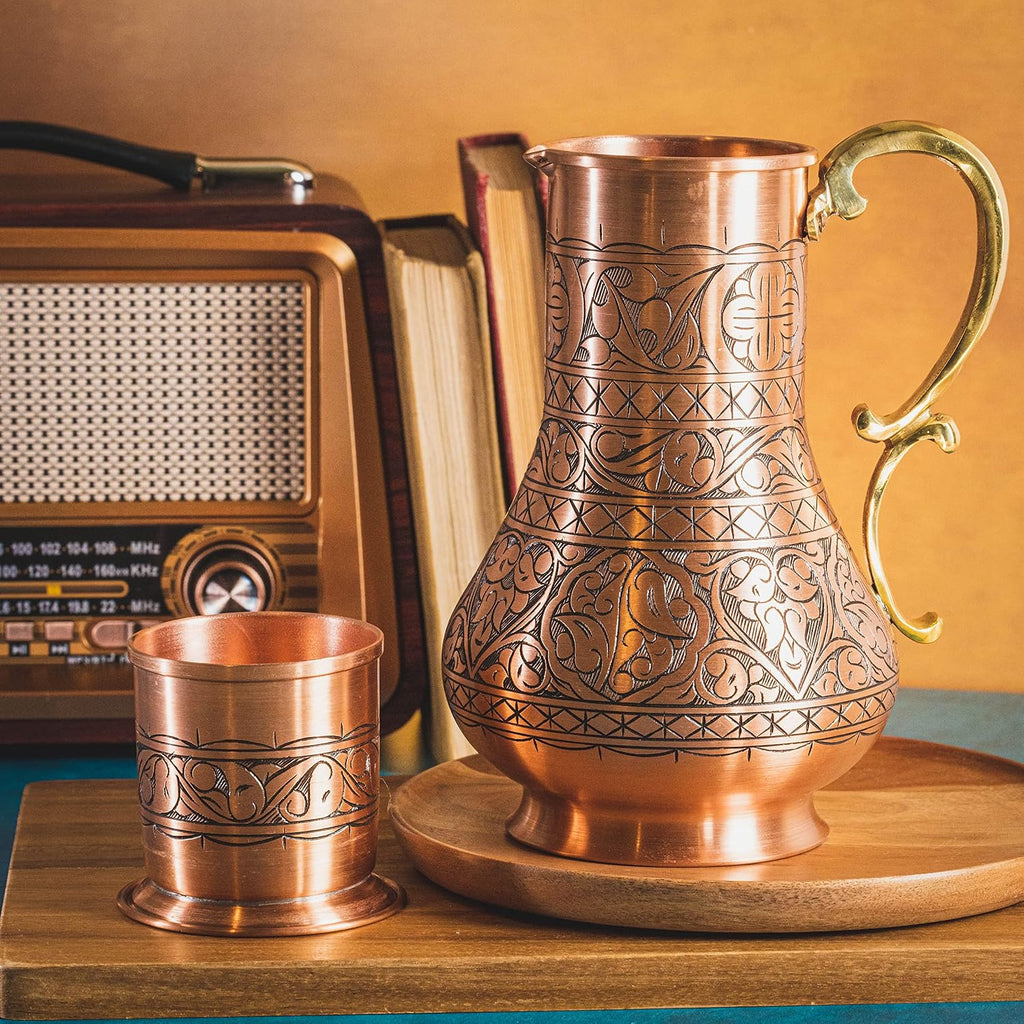 KS Series - Copper Pitcher (45 oz) and Cup (7.7 oz) Set, Moscow Mule Water Jug, Ice Tea and Juice Beverage, Desktop/Bedside Night Water Carafe, Ayurvedic Decanter (Engraved-Matte)