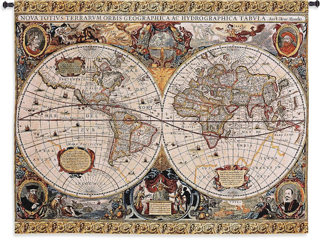 Antique Old World Map Geographica by Jan Janssonius | Woven Tapestry Wall Art Hanging | Beautiful Rustic Globe with Luxurious Mythology Designs | 100% Cotton USA Size 67x53