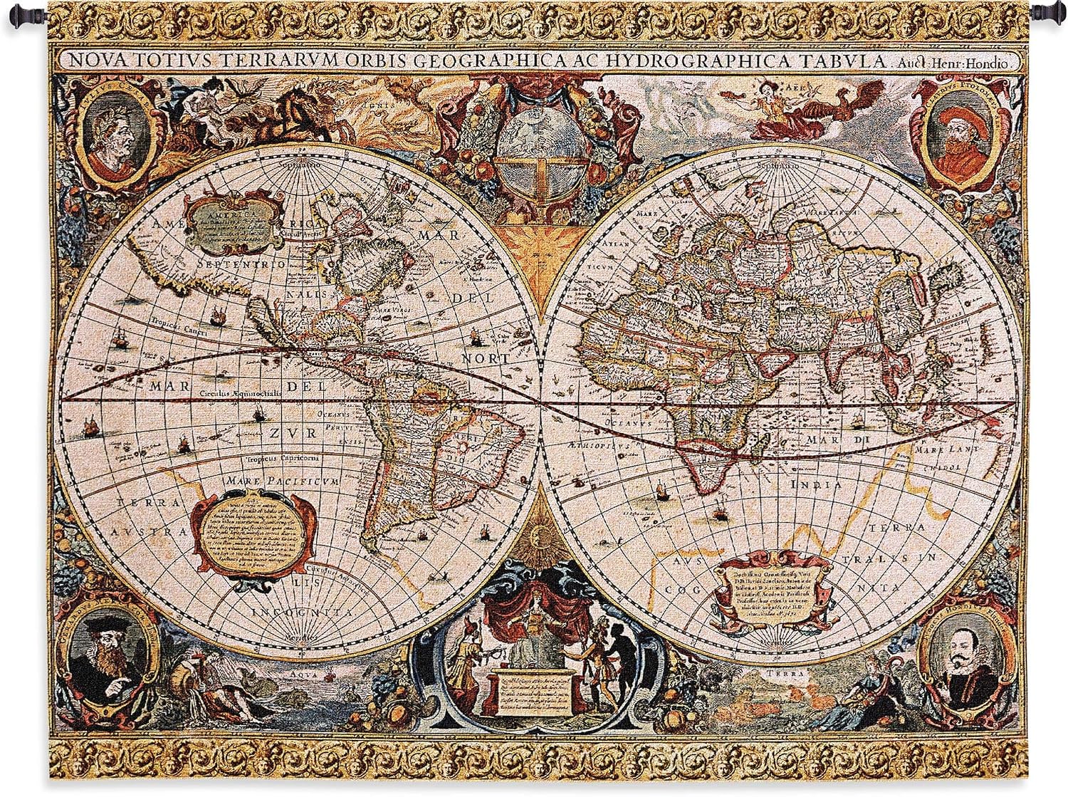 Antique Old World Map Geographica by Jan Janssonius | Woven Tapestry Wall Art Hanging | Beautiful Rustic Globe with Luxurious Mythology Designs | 100% Cotton USA Size 67x53