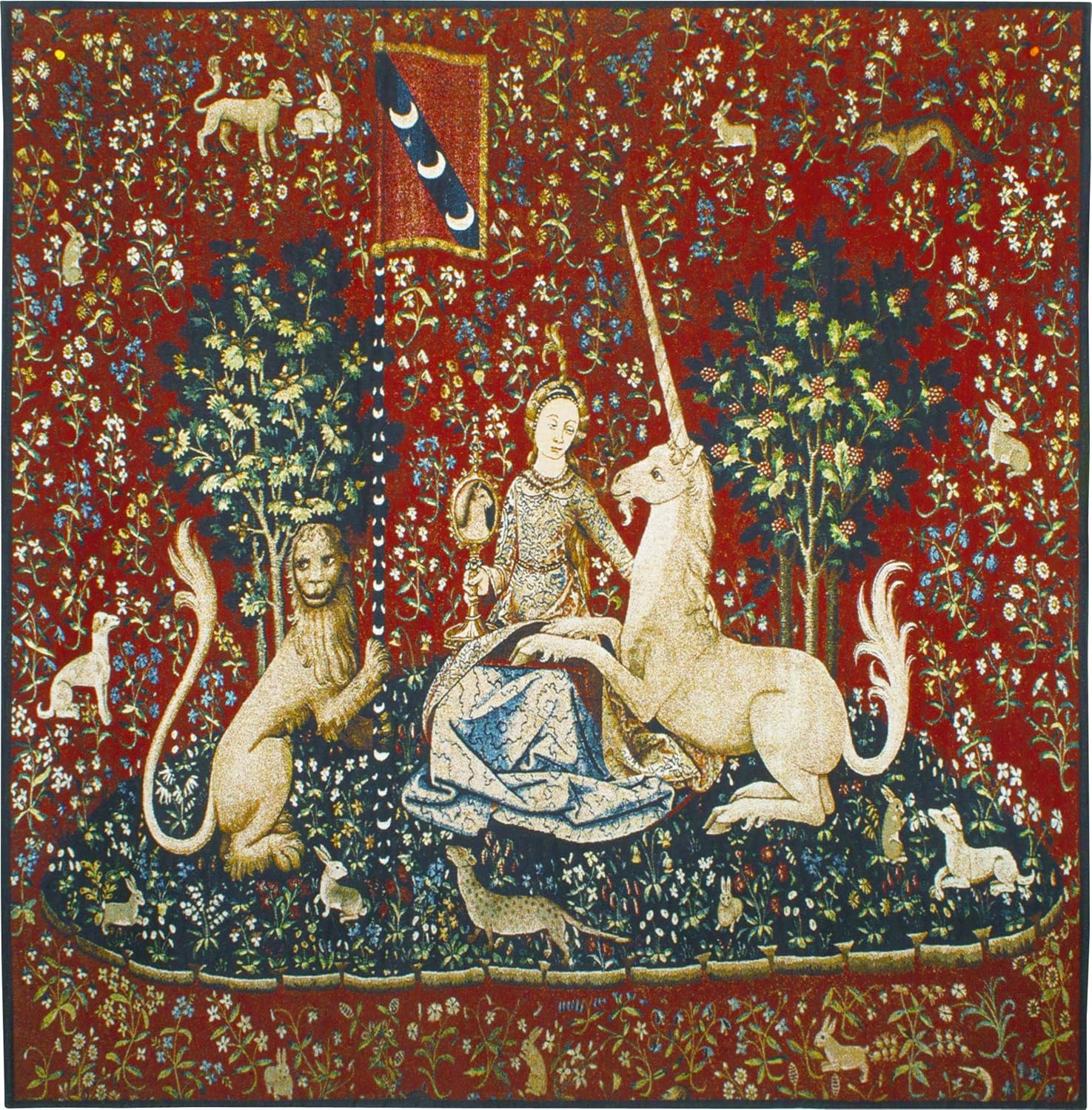 The Lady and The Unicorn - Sight | Woven Tapestry Wall Art Hanging | Historic Middle Ages Tapestry Reproduction | 100% Cotton USA Size 53x48