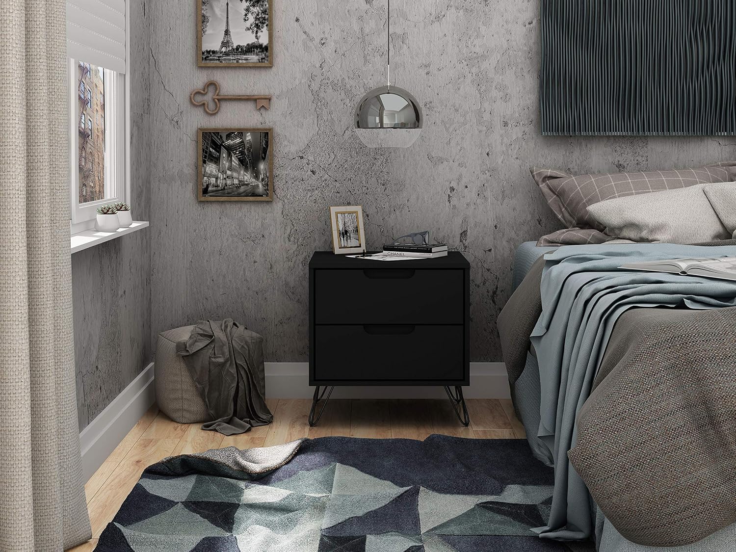 Manhattan Comfort Rockefeller Nightstand with Drawers, Mid Century Modern Bedside Table, Minimalist Display and Storage Organizer, Ideal for Bedroom and Living Room, Black