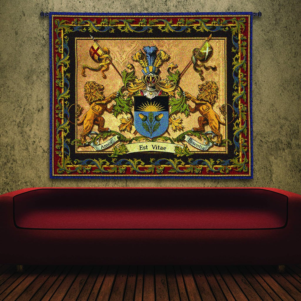 Love Strength Courage | Woven Tapestry Wall Art Hanging | Coat of Arms ??Amor Est Vitae Essentia? | 100% Cotton USA Size 64x53